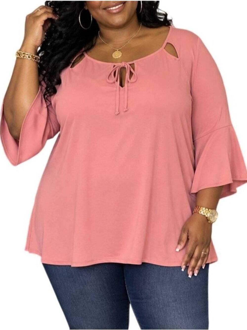 East Adeline Plus Size 2X Top Bell Sleeve Mauve Tie Neck Flowy Feminine Design